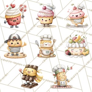 May include: Watercolor illustrations of adorable baked goods characters, including cupcakes, a chocolate bar, and a pastry chef. Each character has a smiling face and is decorated with various toppings and accessories. The background is a geometric pattern.