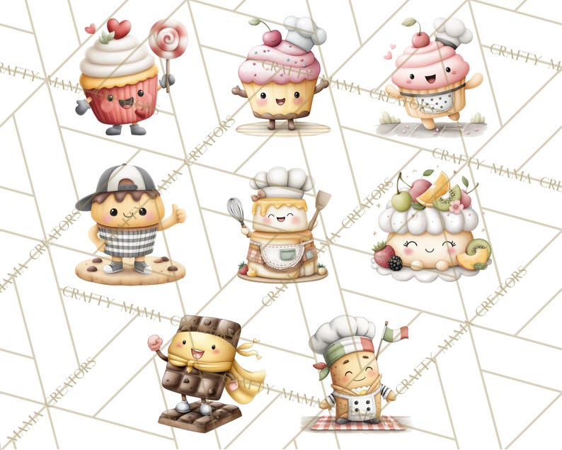 May include: Watercolor illustrations of adorable baked goods characters, including cupcakes, a chocolate bar, and a pastry chef. Each character has a smiling face and is decorated with various toppings and accessories. The background is a geometric pattern.