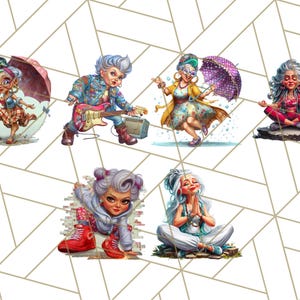 May include: A collection of whimsical illustrations featuring elderly women in various poses. One figure plays an electric guitar, another meditates, and others dance or strike playful poses. The women are depicted with vibrant clothing and accessories.