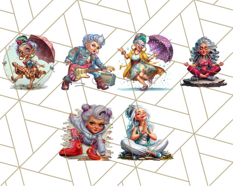 May include: A collection of whimsical illustrations featuring elderly women in various poses. One figure plays an electric guitar, another meditates, and others dance or strike playful poses. The women are depicted with vibrant clothing and accessories.