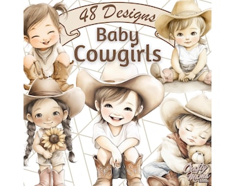 May include: Watercolor illustration featuring five baby cowgirls in cowboy hats and boots. The image includes the text "48 Designs Baby Cowgirls" in a banner. Each baby is depicted in a different pose, with a sunflower and a teddy bear.
