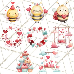 May include: Watercolor illustrations featuring Valentine's Day themes. The image includes cute bees with hearts, heart-shaped wreaths, cupcakes, and swings with hearts. The color palette is soft, with pinks, reds, and blues.