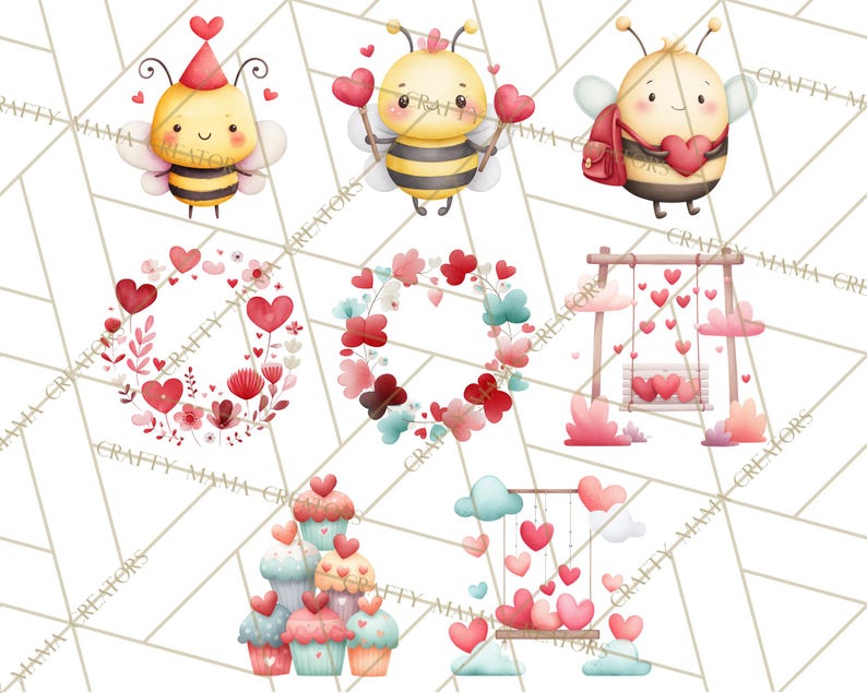 May include: Watercolor illustrations featuring Valentine's Day themes. The image includes cute bees with hearts, heart-shaped wreaths, cupcakes, and swings with hearts. The color palette is soft, with pinks, reds, and blues.