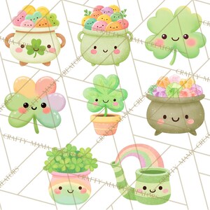 May include: A set of St. Patrick's Day illustrations featuring cartoon-style shamrocks, pots of gold, and rainbows. The image uses a pastel colour palette with green, gold, and other soft colours. The characters have friendly faces.