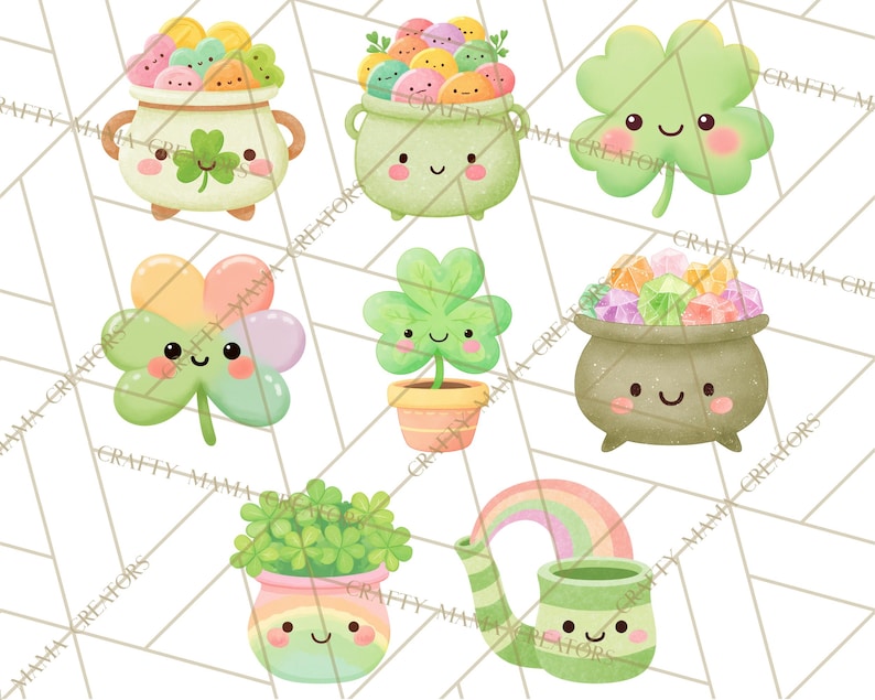 May include: A set of St. Patrick's Day illustrations featuring cartoon-style shamrocks, pots of gold, and rainbows. The image uses a pastel colour palette with green, gold, and other soft colours. The characters have friendly faces.