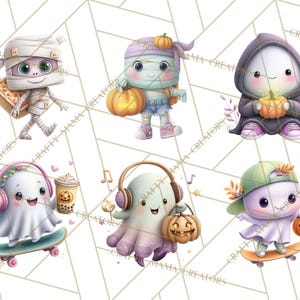 Peut inclure: Six illustrations mignonnes sur le th&egrave;me d'Halloween. On y voit une momie, un fant&ocirc;me &agrave; capuche, et des fant&ocirc;mes avec des citrouilles et des planches &agrave; roulettes. Les couleurs sont douces et pastel, id&eacute;ales pour la d&eacute;coration.