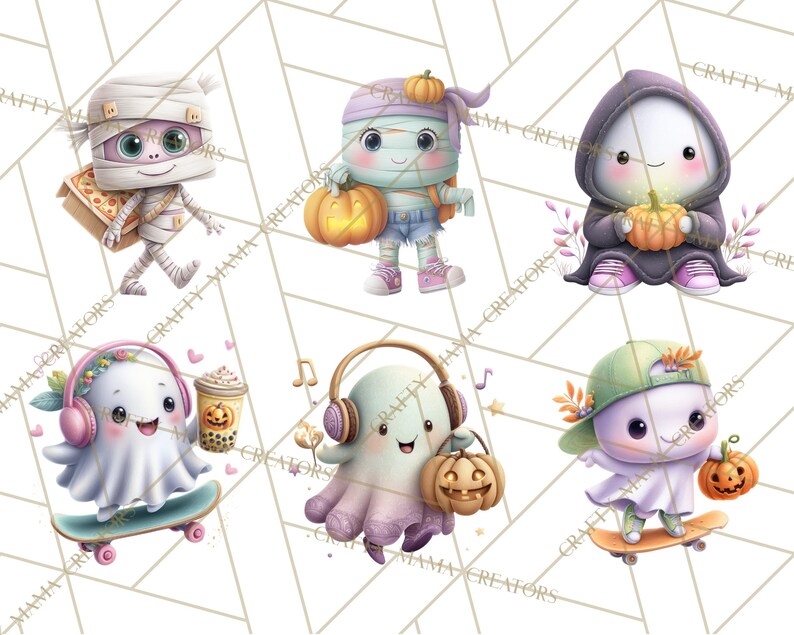 Peut inclure: Six illustrations mignonnes sur le th&egrave;me d'Halloween. On y voit une momie, un fant&ocirc;me &agrave; capuche, et des fant&ocirc;mes avec des citrouilles et des planches &agrave; roulettes. Les couleurs sont douces et pastel, id&eacute;ales pour la d&eacute;coration.