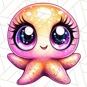Pu&ograve; includere: Un'illustrazione di un polpo rosa e giallo con grandi occhi scintillanti. Il polpo ha un'espressione felice ed &egrave; circondato da piccole bolle bianche.