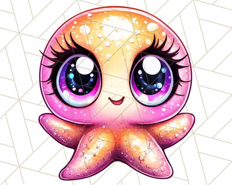 Pu&ograve; includere: Un'illustrazione di un polpo rosa e giallo con grandi occhi scintillanti. Il polpo ha un'espressione felice ed &egrave; circondato da piccole bolle bianche.