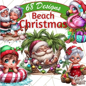 Summer Christmas Clipart PNG, Cute Santa at the Beach Clip Art, Christmas in July Illustrations, Tropical Holiday Clipart, Coastal Christmas