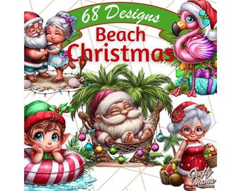 May include: A digital illustration featuring several cartoon characters in a beach Christmas theme. Santa Claus, Mrs. Claus, an elf, and a flamingo are depicted with festive accessories. The image includes text that reads "68 Designs Beach Christmas."