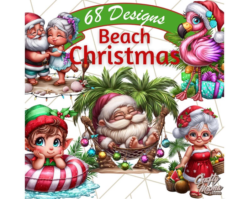 Op de afbeelding: Een digitale illustratie met een strandkerstthema, met stripfiguren waaronder de kerstman, mevrouw Claus, een elf en een flamingo, allemaal met feestelijke accessoires. De afbeelding bevat de tekst "68 Designs Beach Christmas."