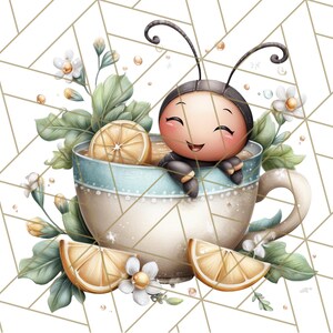 Puede incluir: Ilustraci&oacute;n caprichosa de una abeja de dibujos animados sonriente en una taza de t&eacute; con rodajas de lim&oacute;n. La taza tiene un borde azul claro y est&aacute; rodeada de hojas y flores. El fondo presenta un patr&oacute;n geom&eacute;trico.