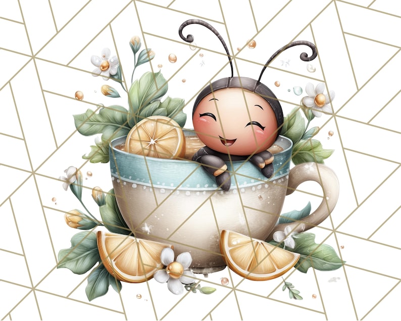 Puede incluir: Ilustraci&oacute;n caprichosa de una abeja de dibujos animados sonriente en una taza de t&eacute; con rodajas de lim&oacute;n. La taza tiene un borde azul claro y est&aacute; rodeada de hojas y flores. El fondo presenta un patr&oacute;n geom&eacute;trico.