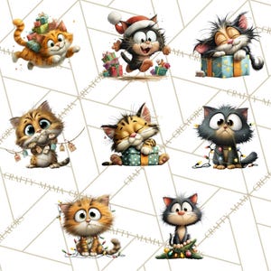 May include: A collection of cartoon cat illustrations in various poses. One cat is flying with gifts, another is wearing a Santa hat, and others are sitting with presents or Christmas lights. The cats have expressive eyes and are in a watercolor style.