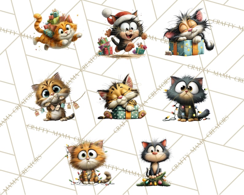 May include: A collection of cartoon cat illustrations in various poses. One cat is flying with gifts, another is wearing a Santa hat, and others are sitting with presents or Christmas lights. The cats have expressive eyes and are in a watercolor style.
