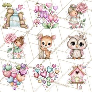 Puede incluir: Una colecci&oacute;n de ilustraciones acuarelas caprichosas con hadas, un ciervo, un b&uacute;ho y dise&ntilde;os en forma de coraz&oacute;n. Las im&aacute;genes incluyen una cascada, flores y una casa para p&aacute;jaros, todo en colores pastel suaves.