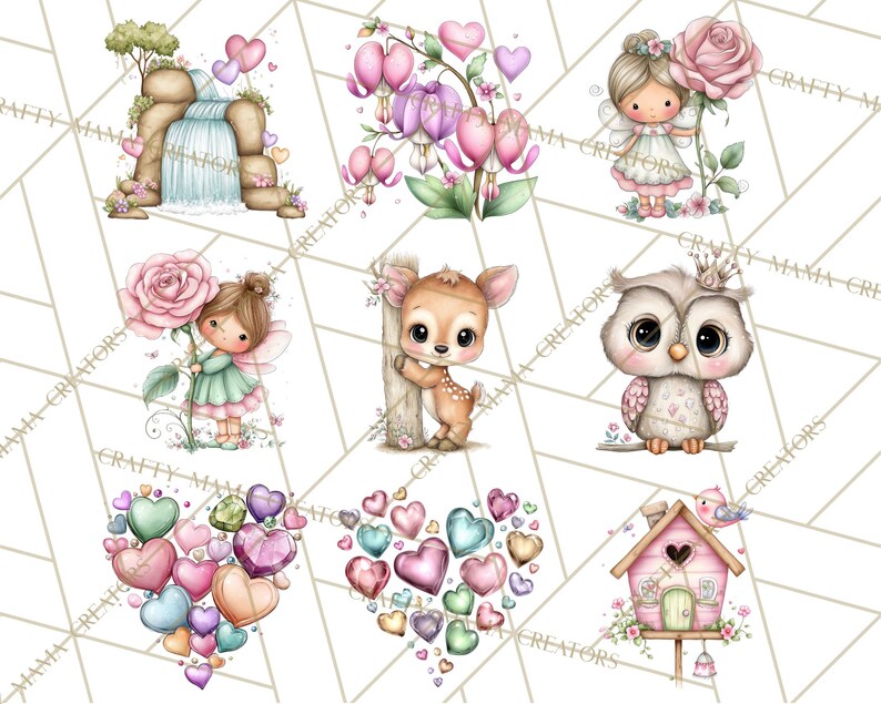 Puede incluir: Una colecci&oacute;n de ilustraciones acuarelas caprichosas con hadas, un ciervo, un b&uacute;ho y dise&ntilde;os en forma de coraz&oacute;n. Las im&aacute;genes incluyen una cascada, flores y una casa para p&aacute;jaros, todo en colores pastel suaves.