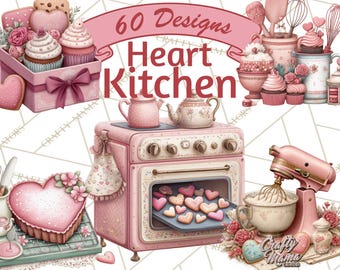 60 Png Whimsical Valentine Baking Treats Clipart, Cute Cupcakes Png, Heart Cookies Printable, Cozy Kitchen Utensils, Sweet Desserts Clip Art