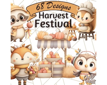 Woodland Autumn Animals PNG Clipart, Cute Fall Forest Critters, Pumpkin Festival Clip Art, Harvest Animals with Leaves, Acorns, Pies