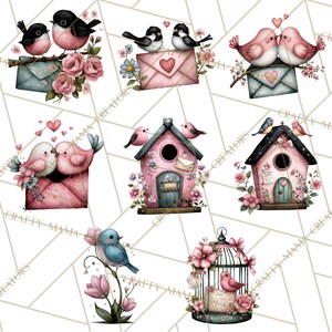 May include: Watercolor illustrations of birds, envelopes, and birdhouses in shades of pink, blue, and black. The birds are perched on envelopes, branches, and birdhouses, surrounded by flowers and hearts. The overall theme is love and romance.
