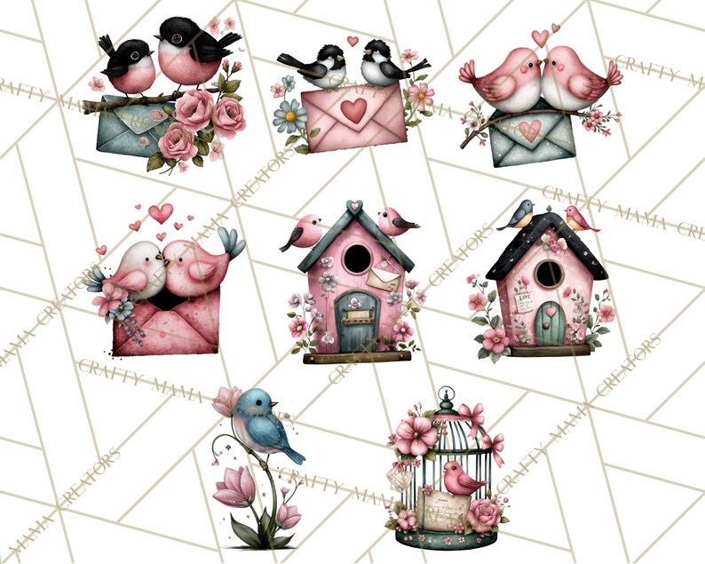 May include: Watercolor illustrations of birds, envelopes, and birdhouses in shades of pink, blue, and black. The birds are perched on envelopes, branches, and birdhouses, surrounded by flowers and hearts. The overall theme is love and romance.