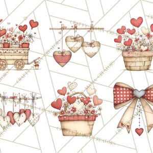 May include: Watercolor illustrations of Valentine's Day themed decorations. The image features a wooden cart with flowers and heart balloons, hanging hearts, baskets of flowers and hearts, and a large bow with heart accents. The color palette includes red, beige, and white.