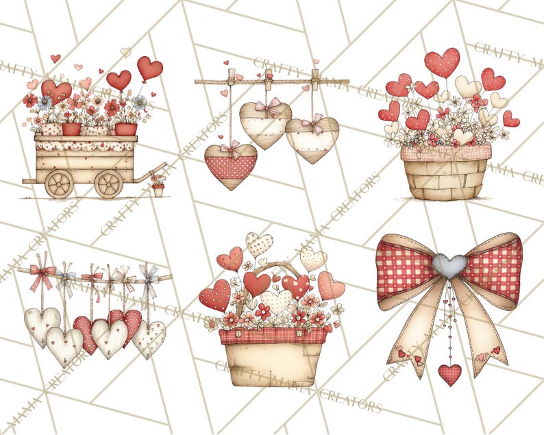 May include: Watercolor illustrations of Valentine's Day themed decorations. The image features a wooden cart with flowers and heart balloons, hanging hearts, baskets of flowers and hearts, and a large bow with heart accents. The color palette includes red, beige, and white.