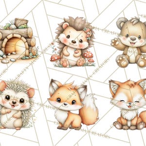 May include: Watercolor illustrations of woodland creatures, including a hedgehog, fox, and bear. The animals are depicted in a cute, cartoon style with soft colors and details. A log cabin with an arched doorway is also featured.