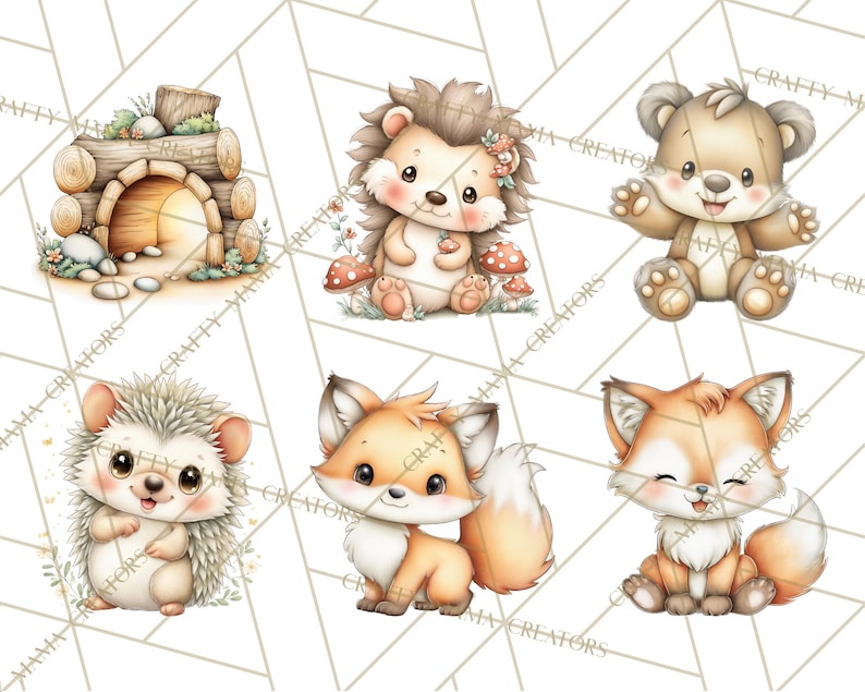May include: Watercolor illustrations of woodland creatures, including a hedgehog, fox, and bear. The animals are depicted in a cute, cartoon style with soft colors and details. A log cabin with an arched doorway is also featured.