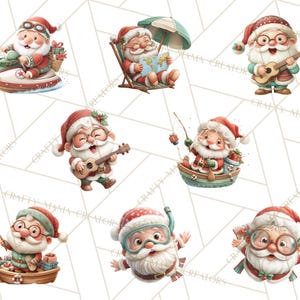 May include: A collection of watercolor illustrations featuring Santa Claus in various leisure activities. Santa is depicted in a boat fishing, playing a ukulele, relaxing on a beach chair, and wearing a snorkel. The illustrations have a festive, whimsical style.