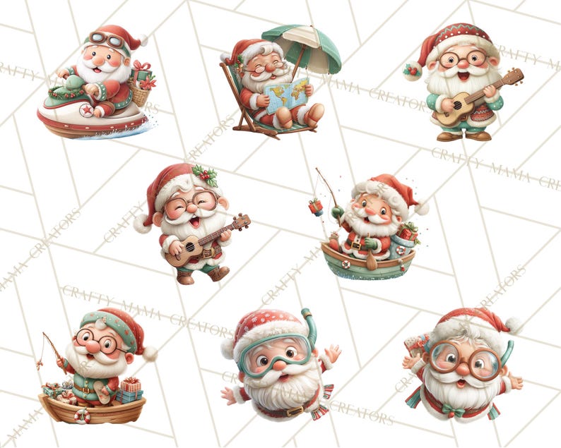 May include: A collection of watercolor illustrations featuring Santa Claus in various leisure activities. Santa is depicted in a boat fishing, playing a ukulele, relaxing on a beach chair, and wearing a snorkel. The illustrations have a festive, whimsical style.