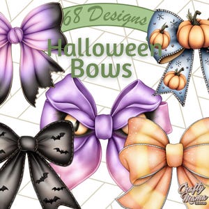 May include: A collection of Halloween-themed bows in various colors and designs. The bows include purple, black, and orange, with bat and pumpkin motifs. Text reads "68 Designs Halloween Bows."
