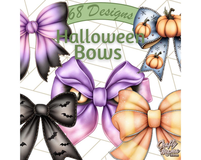 May include: A collection of Halloween-themed bows in various colors and designs. The bows include purple, black, and orange, with bat and pumpkin motifs. Text reads "68 Designs Halloween Bows."