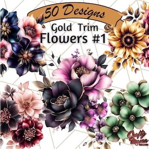 May include: 50 Designs Gold Trim Flowers #1. A digital download of 50 floral designs with gold trim. The designs feature a variety of flowers in shades of purple, pink, green, and brown.