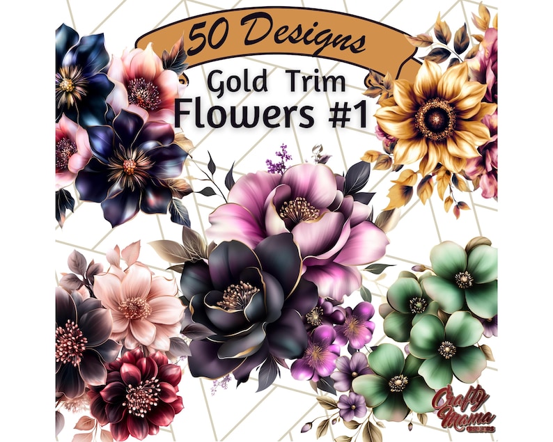 May include: 50 Designs Gold Trim Flowers #1. A digital download of 50 floral designs with gold trim. The designs feature a variety of flowers in shades of purple, pink, green, and brown.