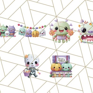 May include: A collection of Halloween-themed illustrations featuring cute monsters, ghosts, pumpkins, and a skeleton. The characters are in various poses, some holding candy or wearing costumes. The background is a white geometric pattern.