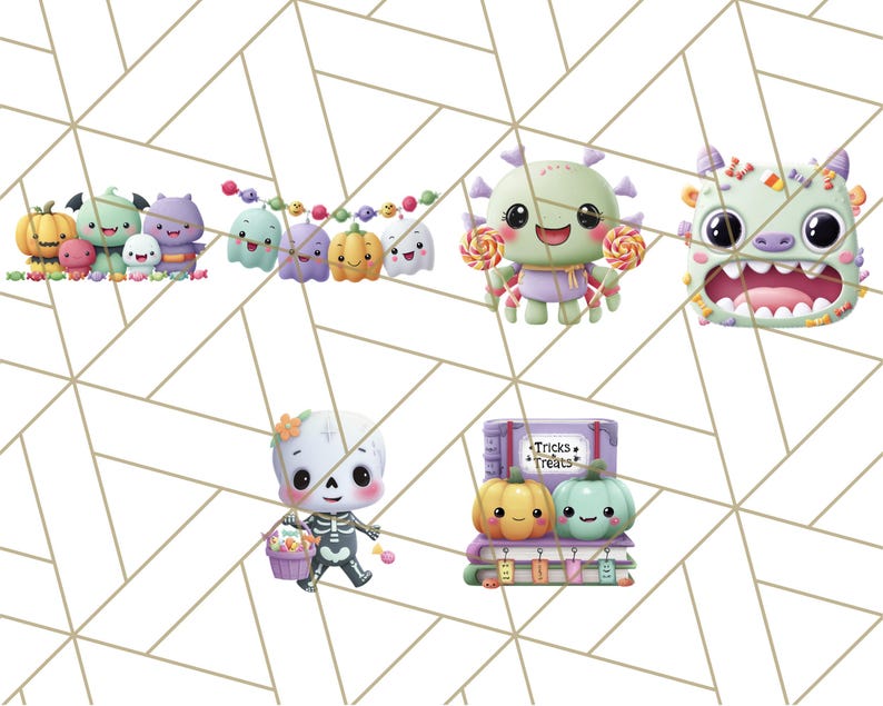 May include: A collection of Halloween-themed illustrations featuring cute monsters, ghosts, pumpkins, and a skeleton. The characters are in various poses, some holding candy or wearing costumes. The background is a white geometric pattern.