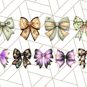 May include: A collection of eight decorative Halloween-themed bows in various colors and designs. The bows feature patterns of pumpkins, spiders, and stitching, with colors including orange, green, purple, and black. The bows are set against a white and gold geometric background.