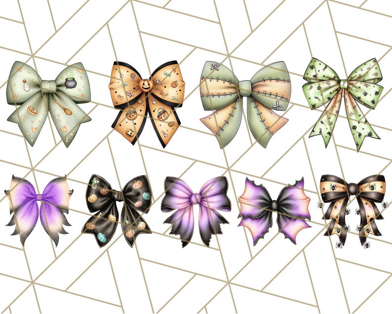 May include: A collection of eight decorative Halloween-themed bows in various colors and designs. The bows feature patterns of pumpkins, spiders, and stitching, with colors including orange, green, purple, and black. The bows are set against a white and gold geometric background.