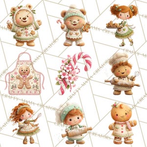 May include: A collection of watercolor illustrations featuring gingerbread people, teddy bears, and a girl baking. The images include a gingerbread apron, candy canes, and a girl holding a tray of cookies. The color palette is soft, with pastel pinks, greens, and browns.