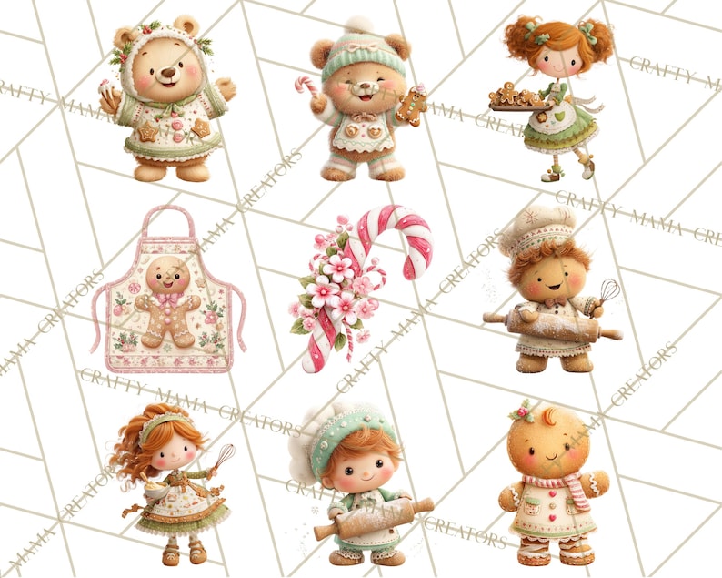 May include: A collection of watercolor illustrations featuring gingerbread people, teddy bears, and a girl baking. The images include a gingerbread apron, candy canes, and a girl holding a tray of cookies. The color palette is soft, with pastel pinks, greens, and browns.