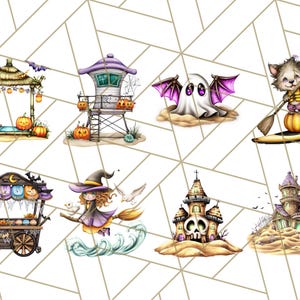 May include: A collection of whimsical Halloween-themed illustrations. The images include a beach cabana with pumpkins, a lifeguard tower with jack-o'-lanterns, a ghost with purple wings, and a wolf paddling on a pumpkin surfboard. Other images include a witch on a broom and a haunted house.