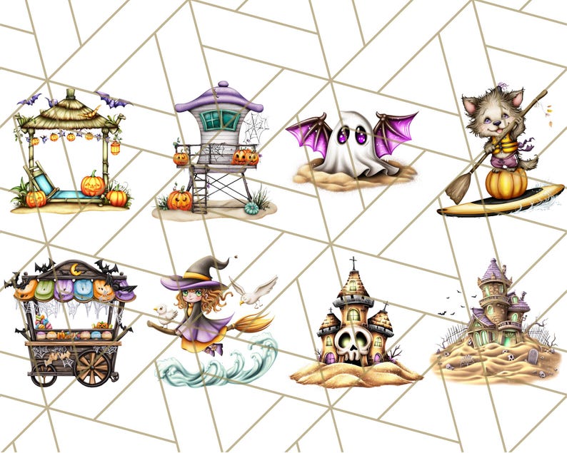 May include: A collection of whimsical Halloween-themed illustrations. The images include a beach cabana with pumpkins, a lifeguard tower with jack-o'-lanterns, a ghost with purple wings, and a wolf paddling on a pumpkin surfboard. Other images include a witch on a broom and a haunted house.