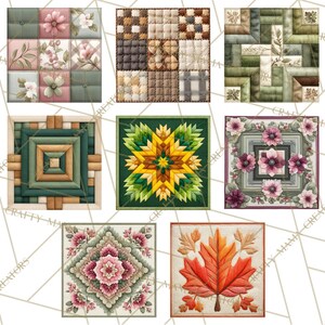 Peut inclure: Collection de sept carr&eacute;s matelass&eacute;s avec divers motifs. Les carr&eacute;s pr&eacute;sentent des motifs floraux, des formes g&eacute;om&eacute;triques et une feuille d'automne. Les couleurs incluent des verts, roses, bruns et oranges, avec des coutures d&eacute;taill&eacute;es.