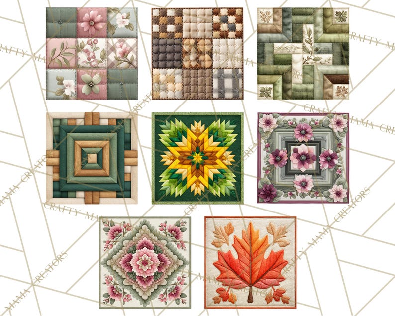 Peut inclure: Collection de sept carr&eacute;s matelass&eacute;s avec divers motifs. Les carr&eacute;s pr&eacute;sentent des motifs floraux, des formes g&eacute;om&eacute;triques et une feuille d'automne. Les couleurs incluent des verts, roses, bruns et oranges, avec des coutures d&eacute;taill&eacute;es.