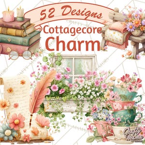 May include: Watercolor illustration with the text "52 Designs Cottagecore Charm." The image features stacks of books, teacups, flowers, candles, and a window box overflowing with blooms. A quill and scroll are also present.