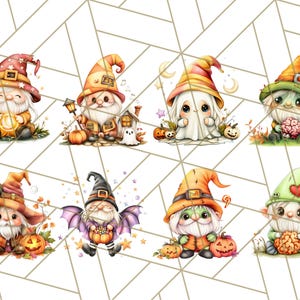 May include: Eight Halloween gnomes with different costumes and accessories. The gnomes are wearing hats, scarves, and holding pumpkins, candy, and other Halloween-themed items.