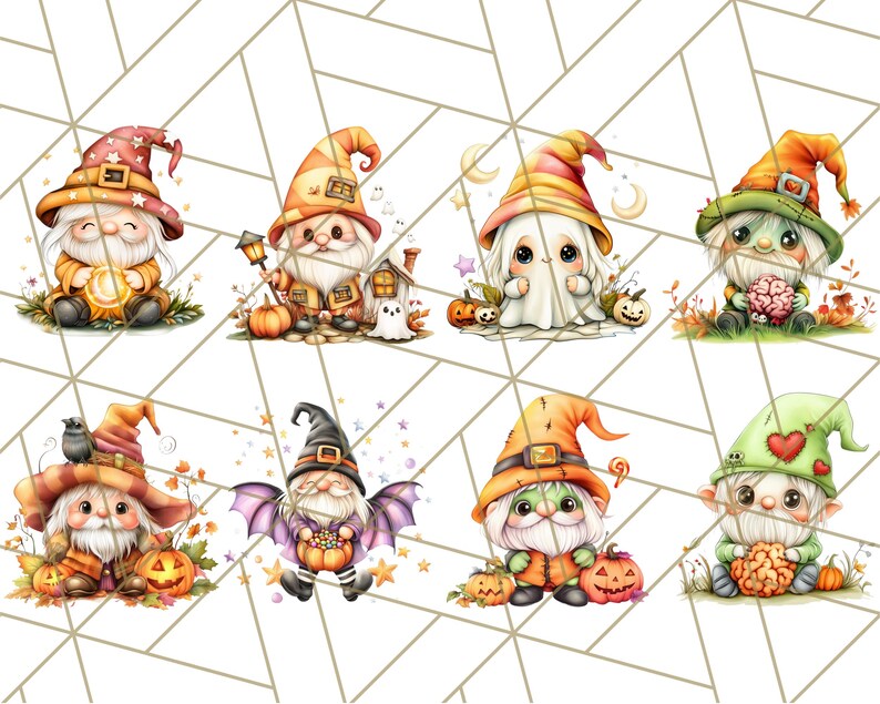 May include: Eight Halloween gnomes with different costumes and accessories. The gnomes are wearing hats, scarves, and holding pumpkins, candy, and other Halloween-themed items.
