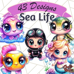Cute Sea Creatures Clipart, Kawaii Ocean Animals PNG, Under the Sea Digital Art, Mermaid and Sea Life Graphics, Kids Ocean Theme Clipart